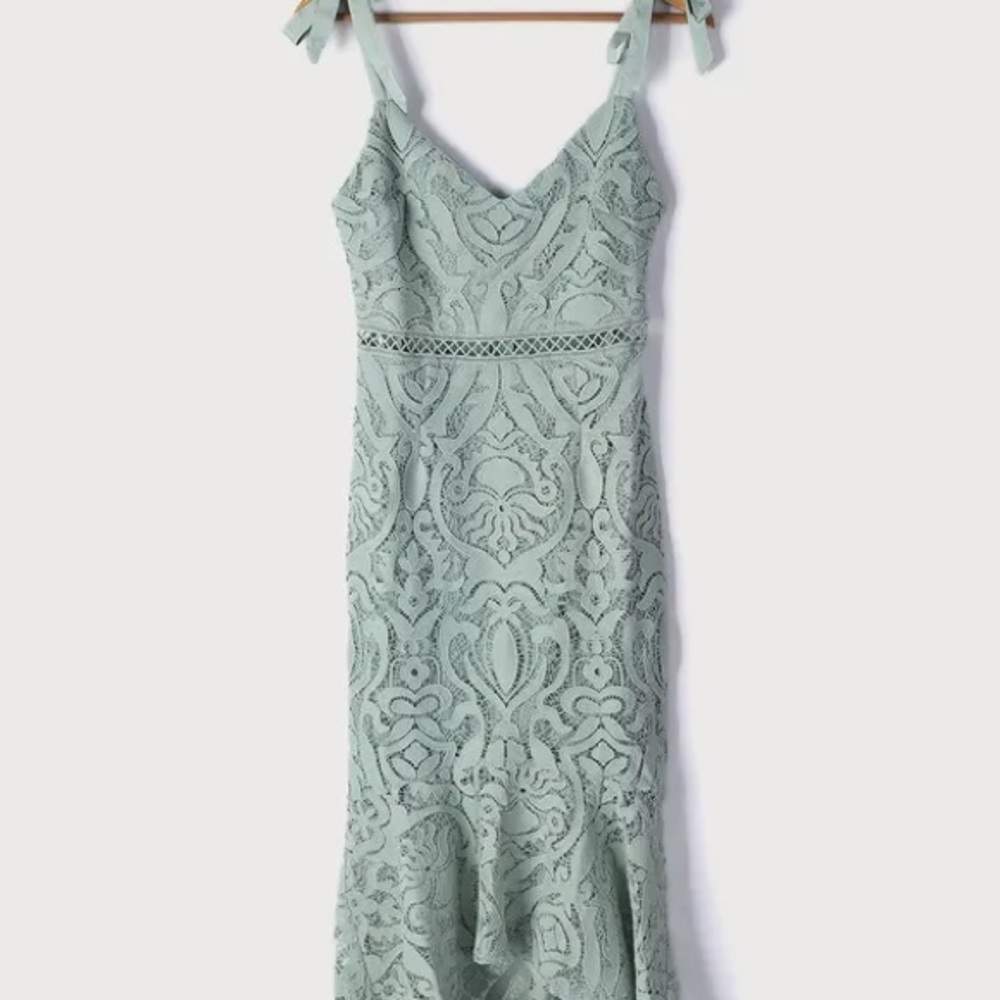 Lulu’s Won Your Heart Sage Green Lace Tie-Strap High-Low Midi Dress